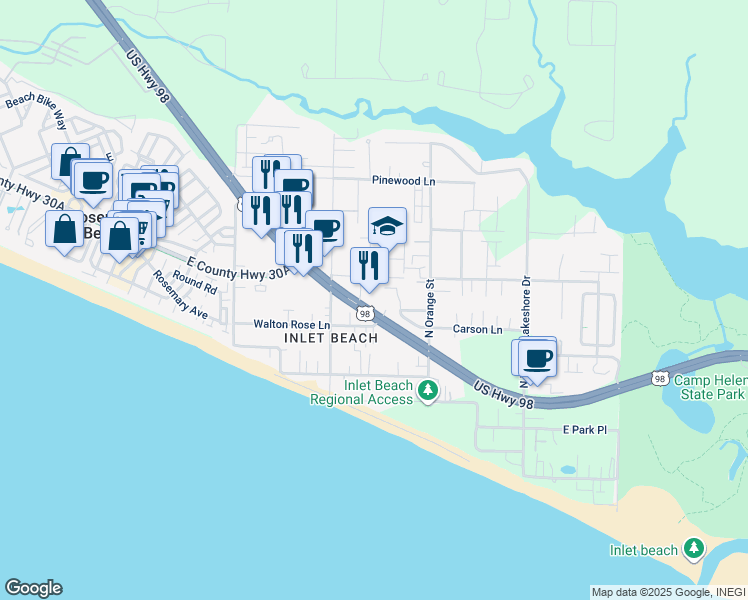 map of restaurants, bars, coffee shops, grocery stores, and more near 26 Spinnaker Lane in Rosemary Beach