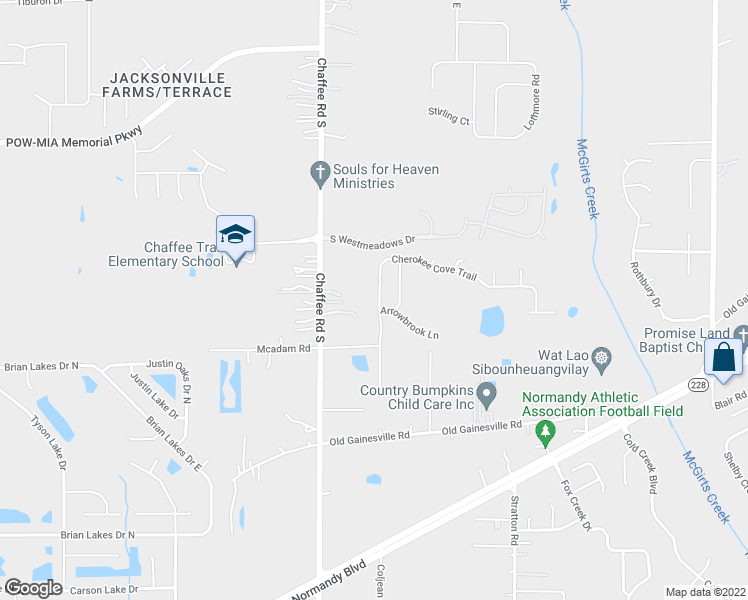 map of restaurants, bars, coffee shops, grocery stores, and more near 2234 Cherokee Cove Trail in Jacksonville