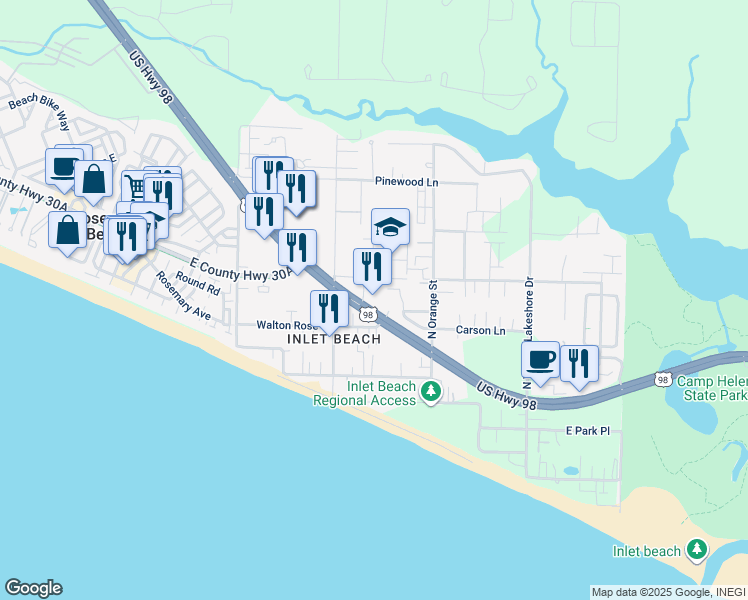 map of restaurants, bars, coffee shops, grocery stores, and more near 26 Spinnaker Lane in Walton County