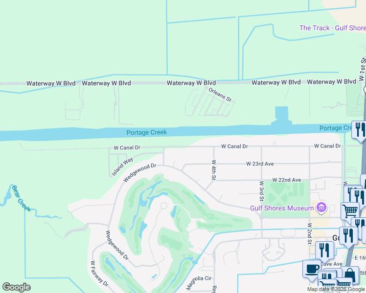 map of restaurants, bars, coffee shops, grocery stores, and more near West Canal Drive in Gulf Shores