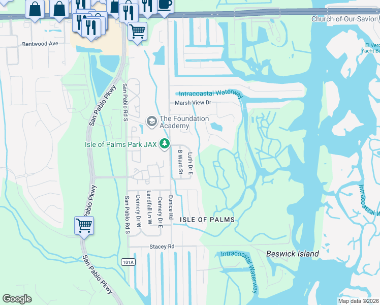 map of restaurants, bars, coffee shops, grocery stores, and more near 3784 Luth Drive East in Jacksonville