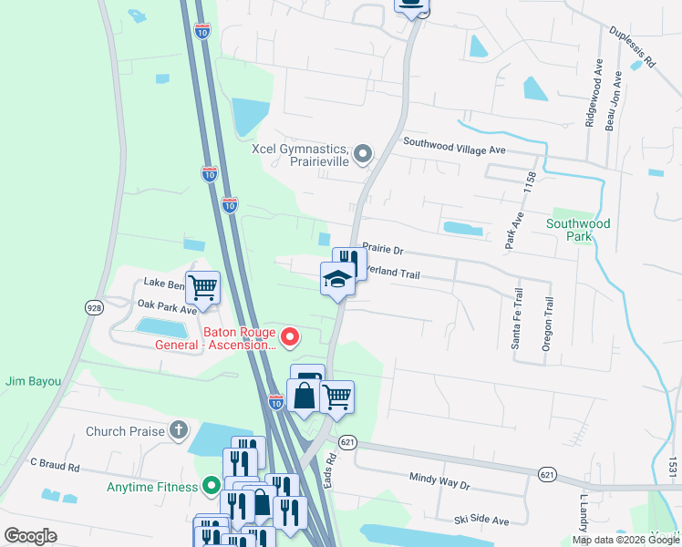 map of restaurants, bars, coffee shops, grocery stores, and more near 14225 Louisiana 73 in Prairieville