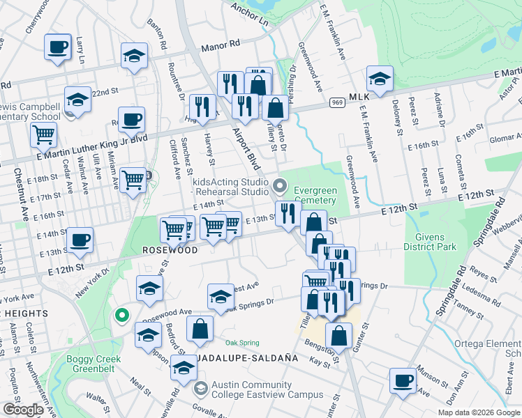 map of restaurants, bars, coffee shops, grocery stores, and more near 3100 East 13th Street in Austin