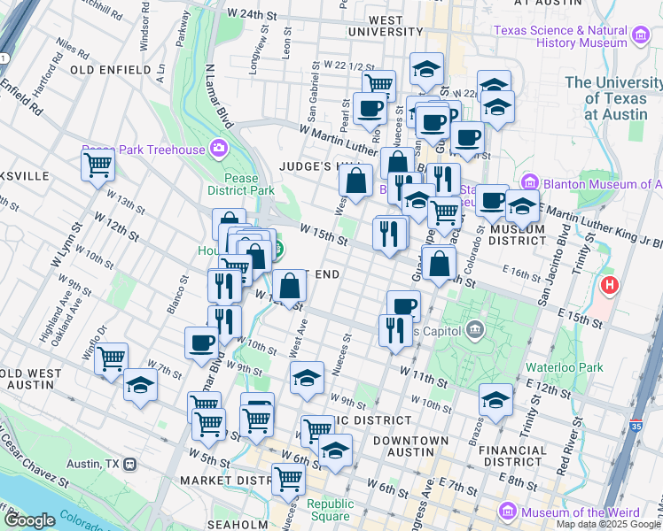map of restaurants, bars, coffee shops, grocery stores, and more near 701-799 West 13 1/2 Street in Austin