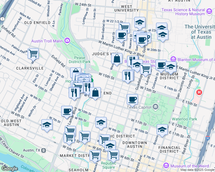 map of restaurants, bars, coffee shops, grocery stores, and more near 701-799 West 13 1/2 Street in Austin