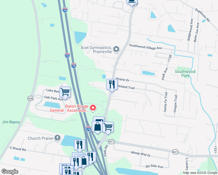 map of restaurants, bars, coffee shops, grocery stores, and more near 14225 Louisiana 73 in Prairieville