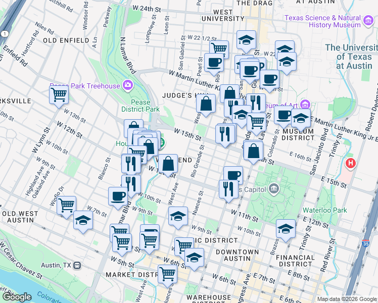 map of restaurants, bars, coffee shops, grocery stores, and more near 701-799 West 13 1/2 Street in Austin