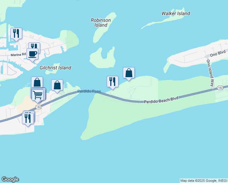 map of restaurants, bars, coffee shops, grocery stores, and more near 28099 Perdido Beach Boulevard in Orange Beach