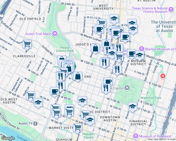 map of restaurants, bars, coffee shops, grocery stores, and more near 701-799 West 13 1/2 Street in Austin