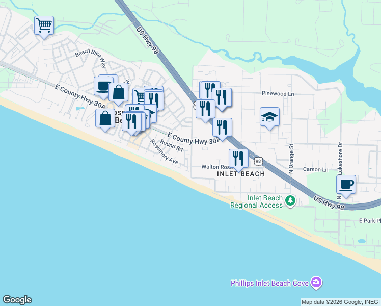 map of restaurants, bars, coffee shops, grocery stores, and more near 198 Round Road in Rosemary Beach