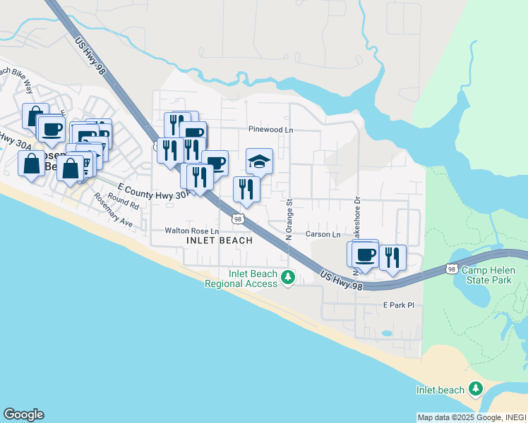map of restaurants, bars, coffee shops, grocery stores, and more near 129 Grayling Way in Panama City Beach