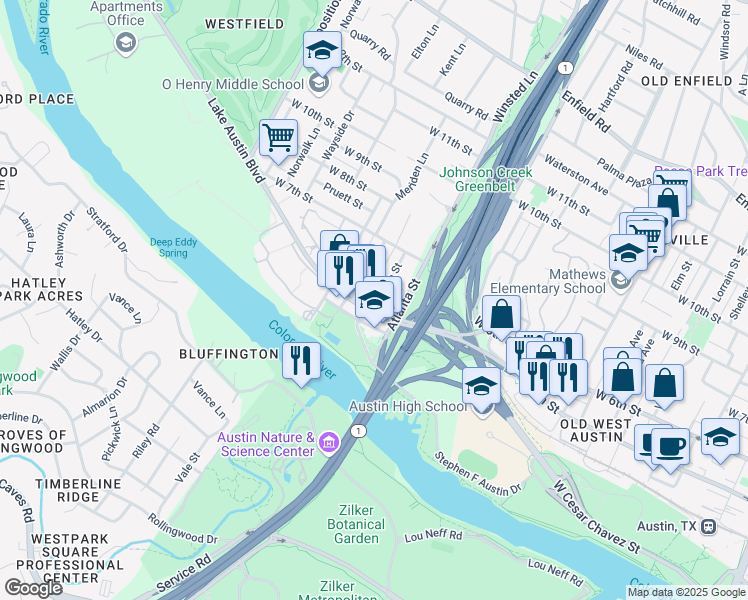map of restaurants, bars, coffee shops, grocery stores, and more near 2300 Lake Austin Boulevard in Austin