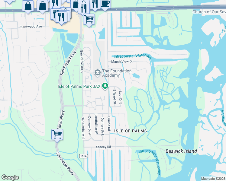 map of restaurants, bars, coffee shops, grocery stores, and more near 3771 Eunice Road in Jacksonville