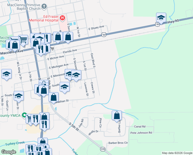map of restaurants, bars, coffee shops, grocery stores, and more near 533 Crews Street in Macclenny