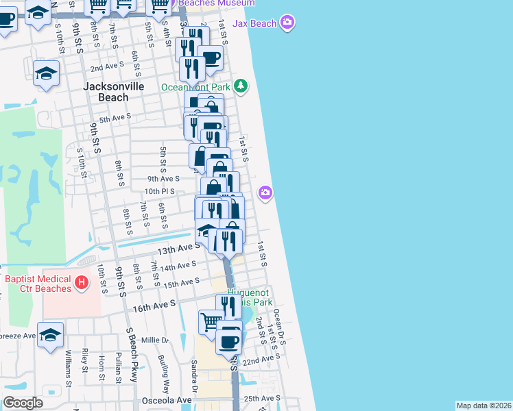 map of restaurants, bars, coffee shops, grocery stores, and more near 15 12th Avenue South in Jacksonville Beach
