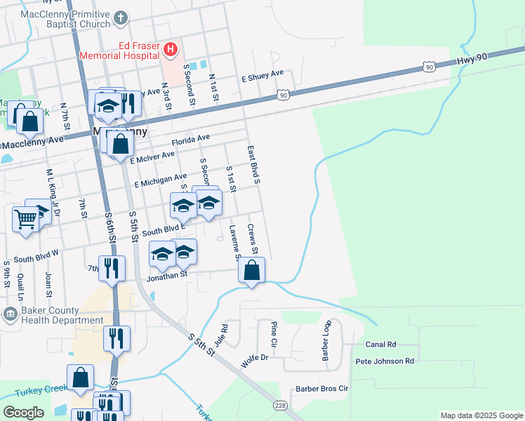 map of restaurants, bars, coffee shops, grocery stores, and more near 533 Crews Street in Macclenny
