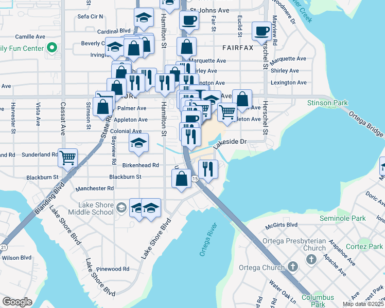 map of restaurants, bars, coffee shops, grocery stores, and more near 2243 Urban Road in Jacksonville