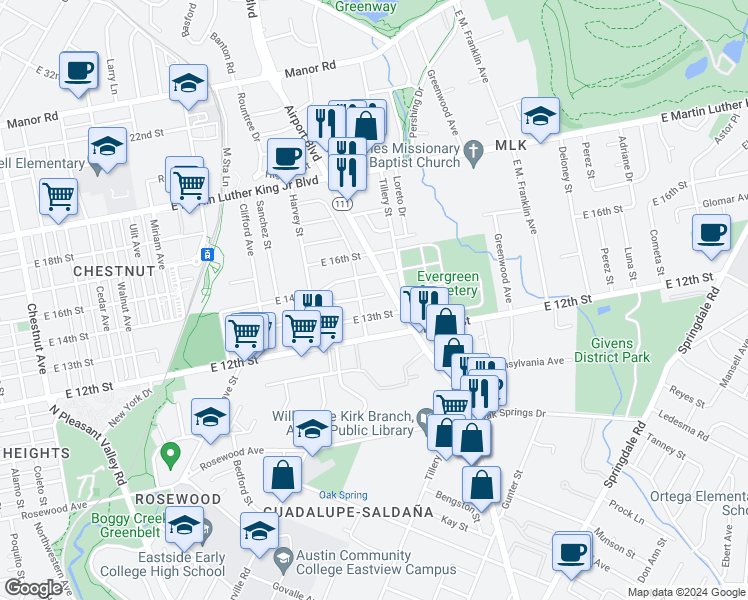 map of restaurants, bars, coffee shops, grocery stores, and more near 3107 East 14th Street in Austin