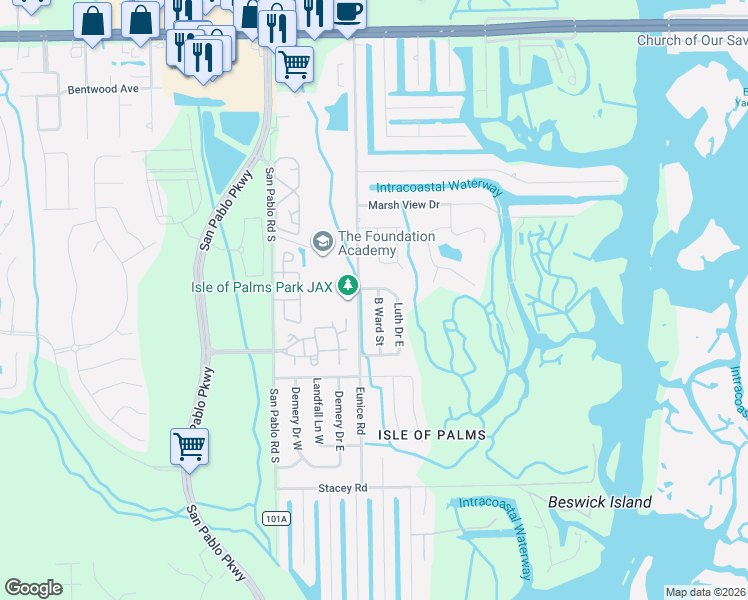 map of restaurants, bars, coffee shops, grocery stores, and more near 3771 Eunice Road in Jacksonville