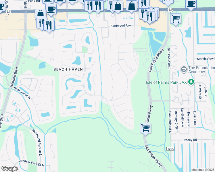 map of restaurants, bars, coffee shops, grocery stores, and more near 3736 Burnt Pine Drive in Jacksonville