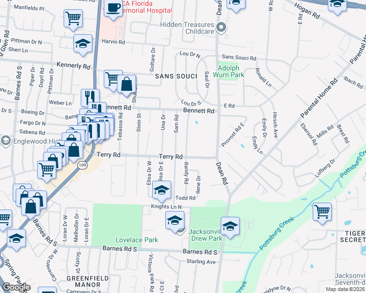 map of restaurants, bars, coffee shops, grocery stores, and more near 2551 Sam Road in Jacksonville