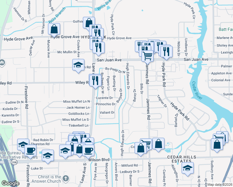 map of restaurants, bars, coffee shops, grocery stores, and more near 6547 Lucente Drive in Jacksonville