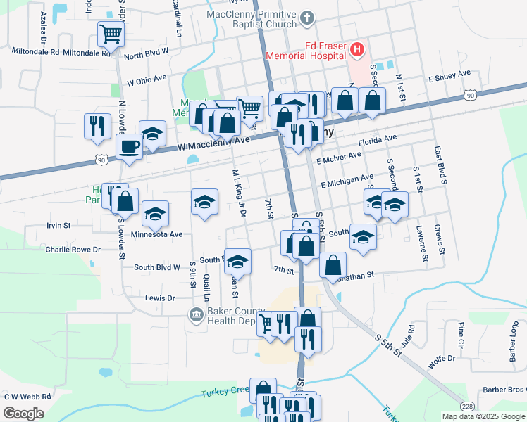 map of restaurants, bars, coffee shops, grocery stores, and more near 231 East Minnesota Avenue in Macclenny