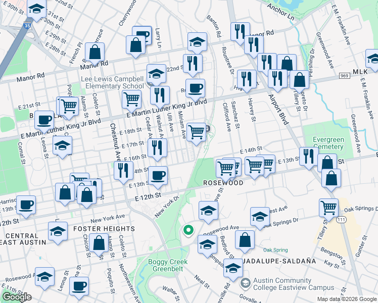 map of restaurants, bars, coffee shops, grocery stores, and more near 210 Miriam Avenue in Austin