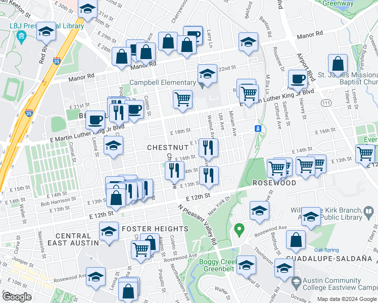 map of restaurants, bars, coffee shops, grocery stores, and more near 1409 Singleton Avenue in Austin