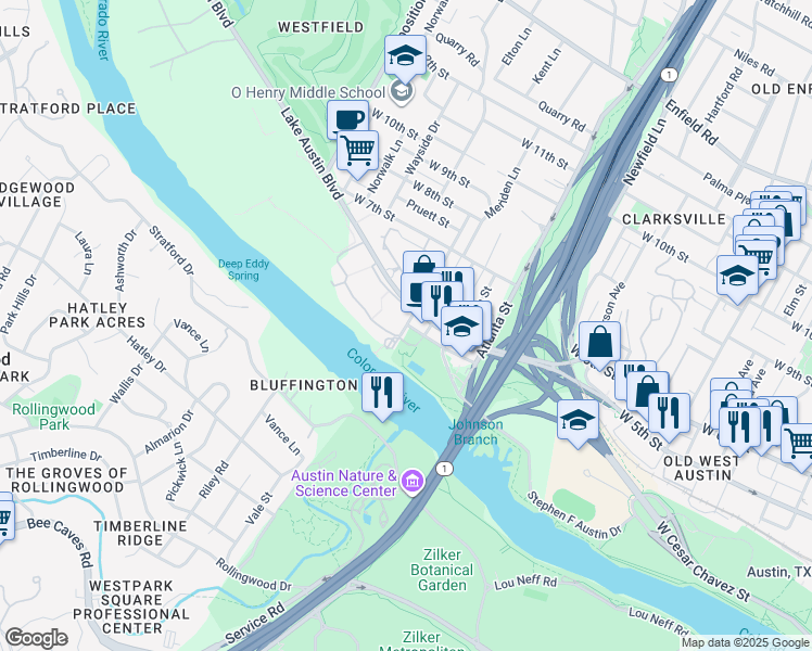 map of restaurants, bars, coffee shops, grocery stores, and more near 400 Deep Eddy Avenue in Austin