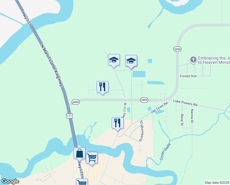 map of restaurants, bars, coffee shops, grocery stores, and more near 2728 State Highway 3059 in Lake Charles