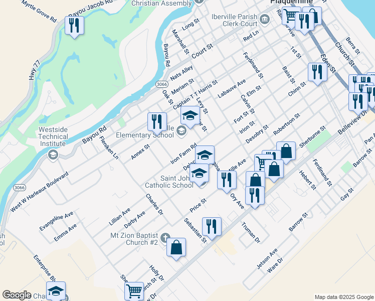 map of restaurants, bars, coffee shops, grocery stores, and more near 58650 Iron Farm Road in Plaquemine