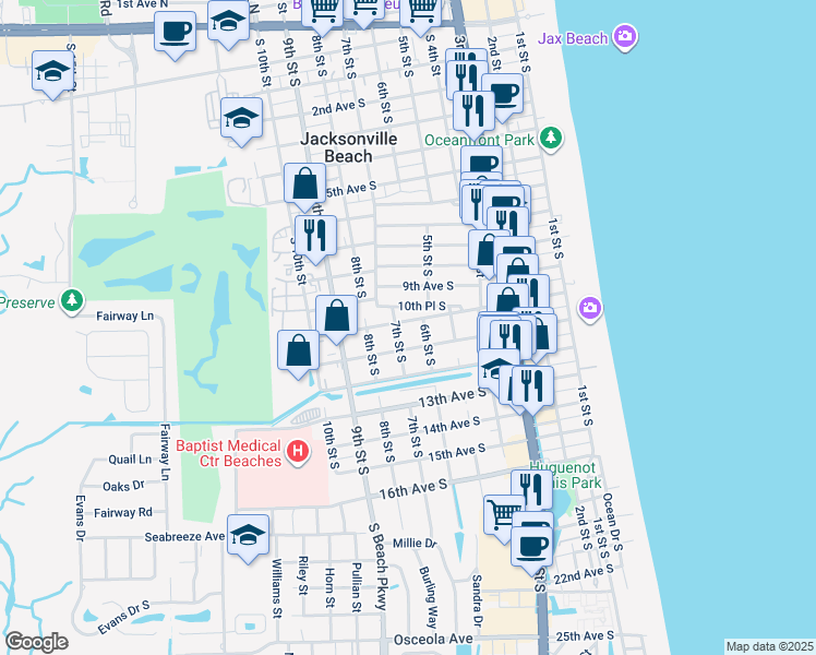 map of restaurants, bars, coffee shops, grocery stores, and more near 622 10th Avenue South in Jacksonville Beach