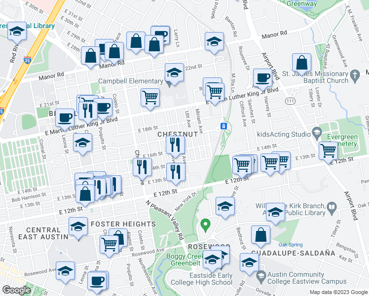map of restaurants, bars, coffee shops, grocery stores, and more near 1609 Walnut Avenue in Austin