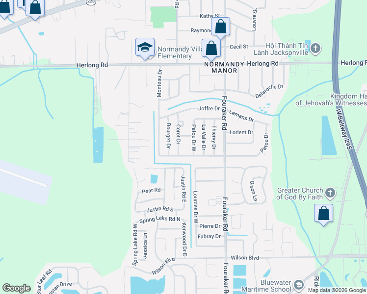 map of restaurants, bars, coffee shops, grocery stores, and more near 2244 Patou Drive West in Jacksonville