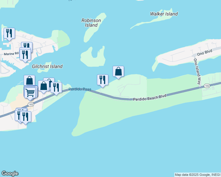 map of restaurants, bars, coffee shops, grocery stores, and more near 28099 Perdido Beach Boulevard in Orange Beach
