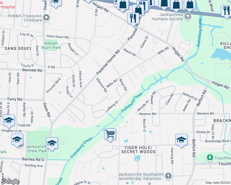map of restaurants, bars, coffee shops, grocery stores, and more near 2440 San Sago Lane in Jacksonville