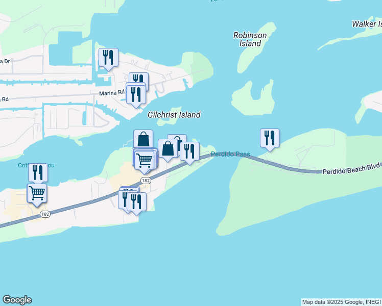 map of restaurants, bars, coffee shops, grocery stores, and more near 27501 Perdido Beach Boulevard in Orange Beach