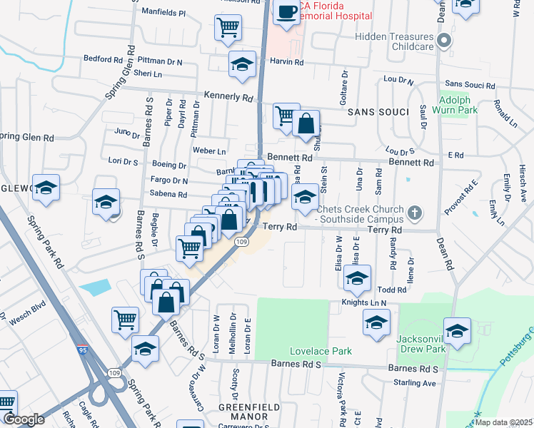 map of restaurants, bars, coffee shops, grocery stores, and more near 5230 University Boulevard South in Jacksonville