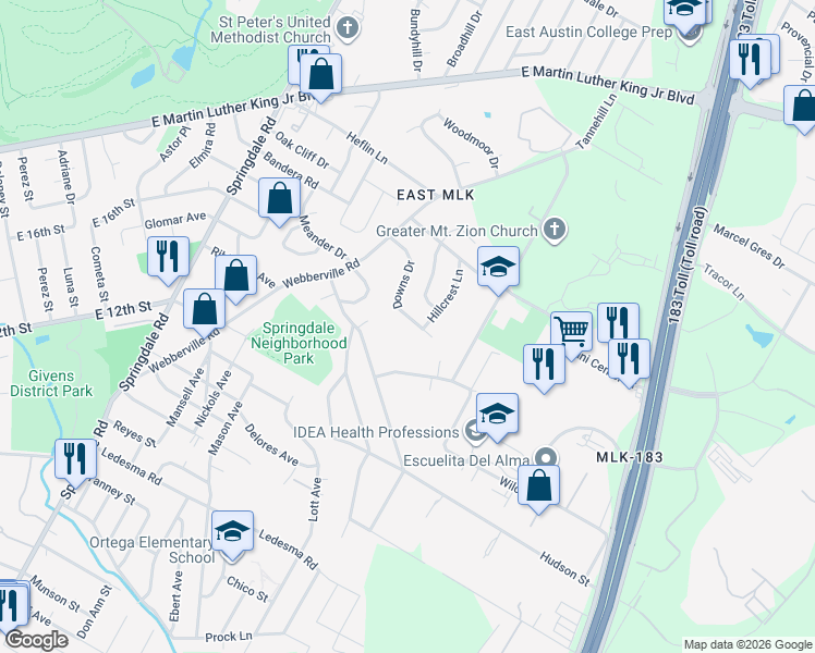 map of restaurants, bars, coffee shops, grocery stores, and more near 5503 Downs Drive in Austin
