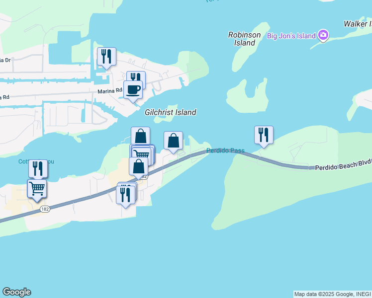 map of restaurants, bars, coffee shops, grocery stores, and more near 27501 Perdido Beach Boulevard in Orange Beach