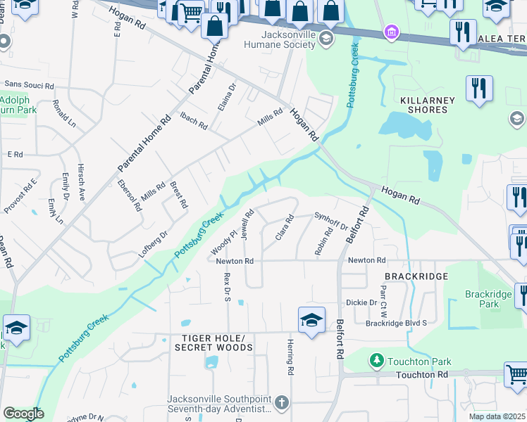 map of restaurants, bars, coffee shops, grocery stores, and more near 2734 Synhoff Drive West in Jacksonville