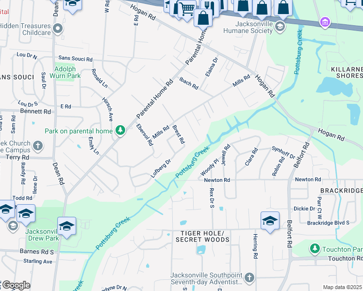 map of restaurants, bars, coffee shops, grocery stores, and more near 2414 Lofberg Drive in Jacksonville