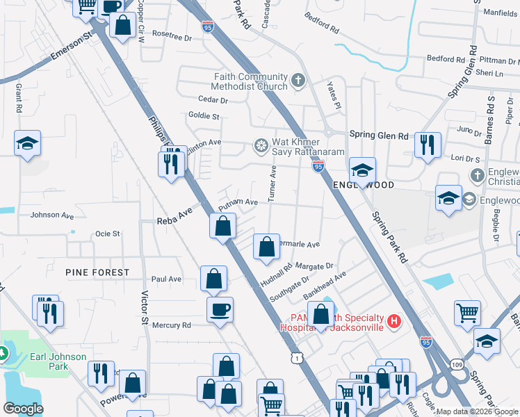 map of restaurants, bars, coffee shops, grocery stores, and more near 4430 Turner Avenue in Jacksonville