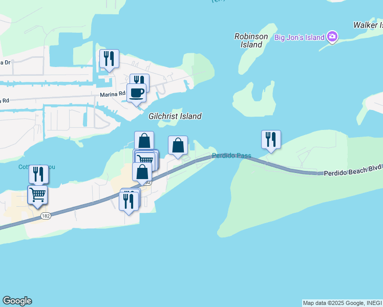 map of restaurants, bars, coffee shops, grocery stores, and more near 27501 Perdido Beach Boulevard in Orange Beach