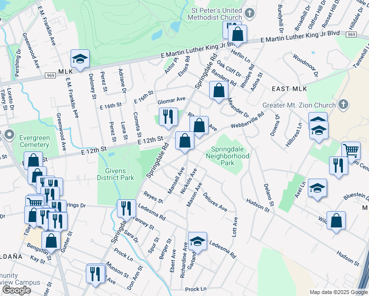 map of restaurants, bars, coffee shops, grocery stores, and more near 1163 Webberville Road in Austin