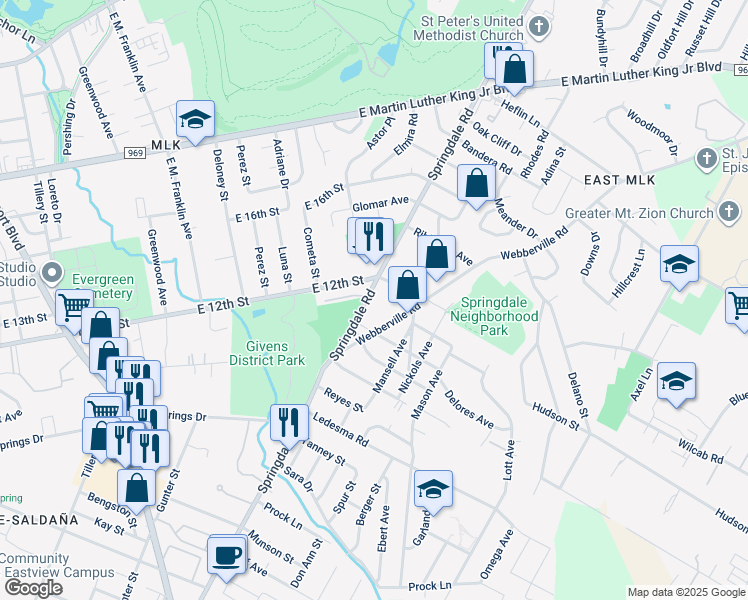map of restaurants, bars, coffee shops, grocery stores, and more near 1169 Springdale Road in Austin