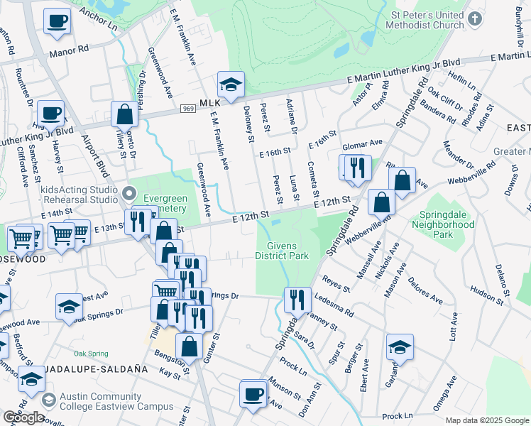 map of restaurants, bars, coffee shops, grocery stores, and more near 3607 East 12th Street in Austin