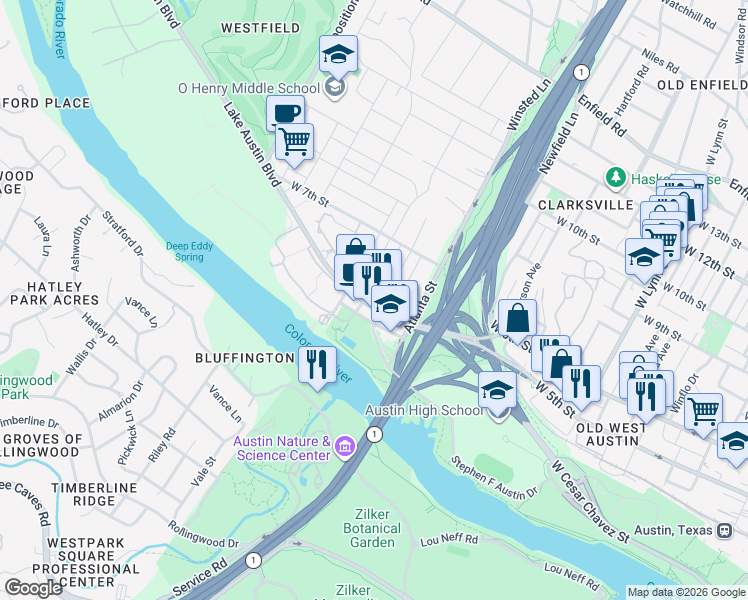 map of restaurants, bars, coffee shops, grocery stores, and more near in Austin