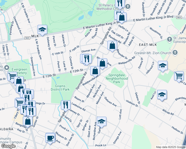 map of restaurants, bars, coffee shops, grocery stores, and more near 1172 Webberville Road in Austin